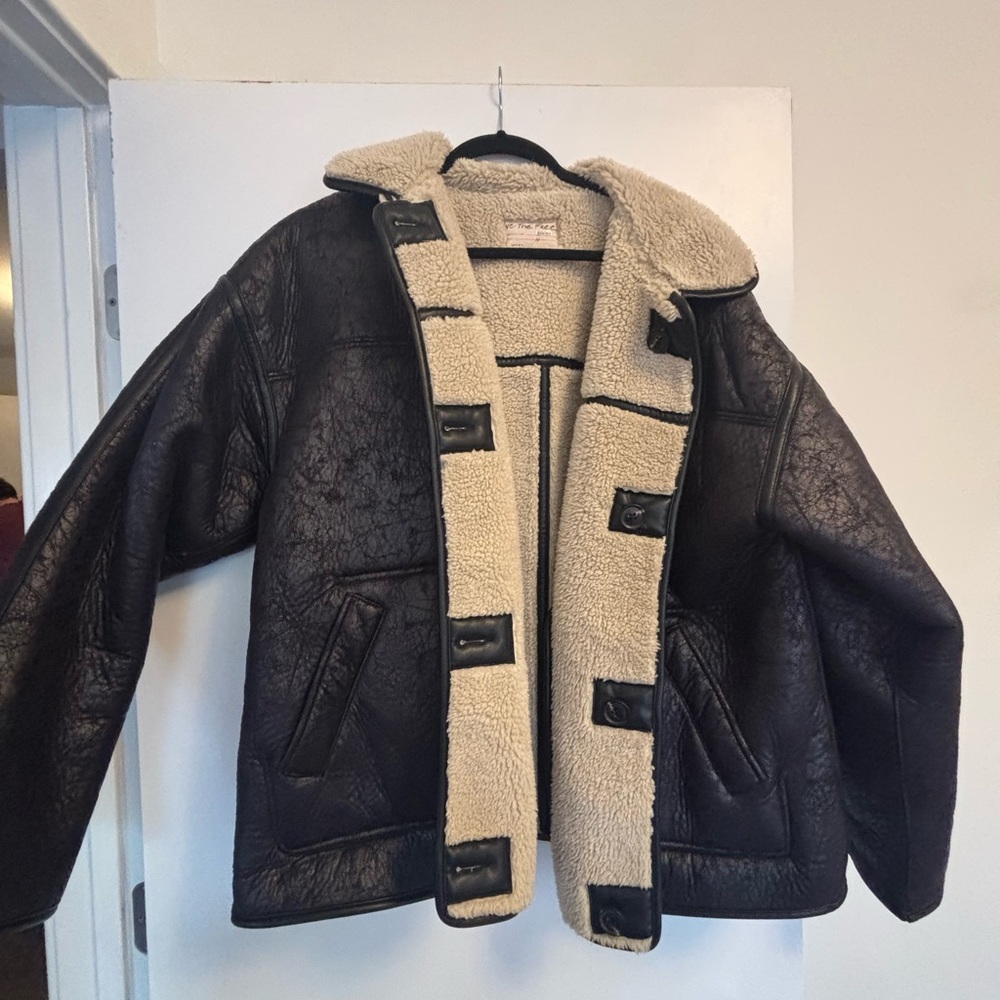 We the Free Oversized Vegan Black Jacket with Cream Fur Lining